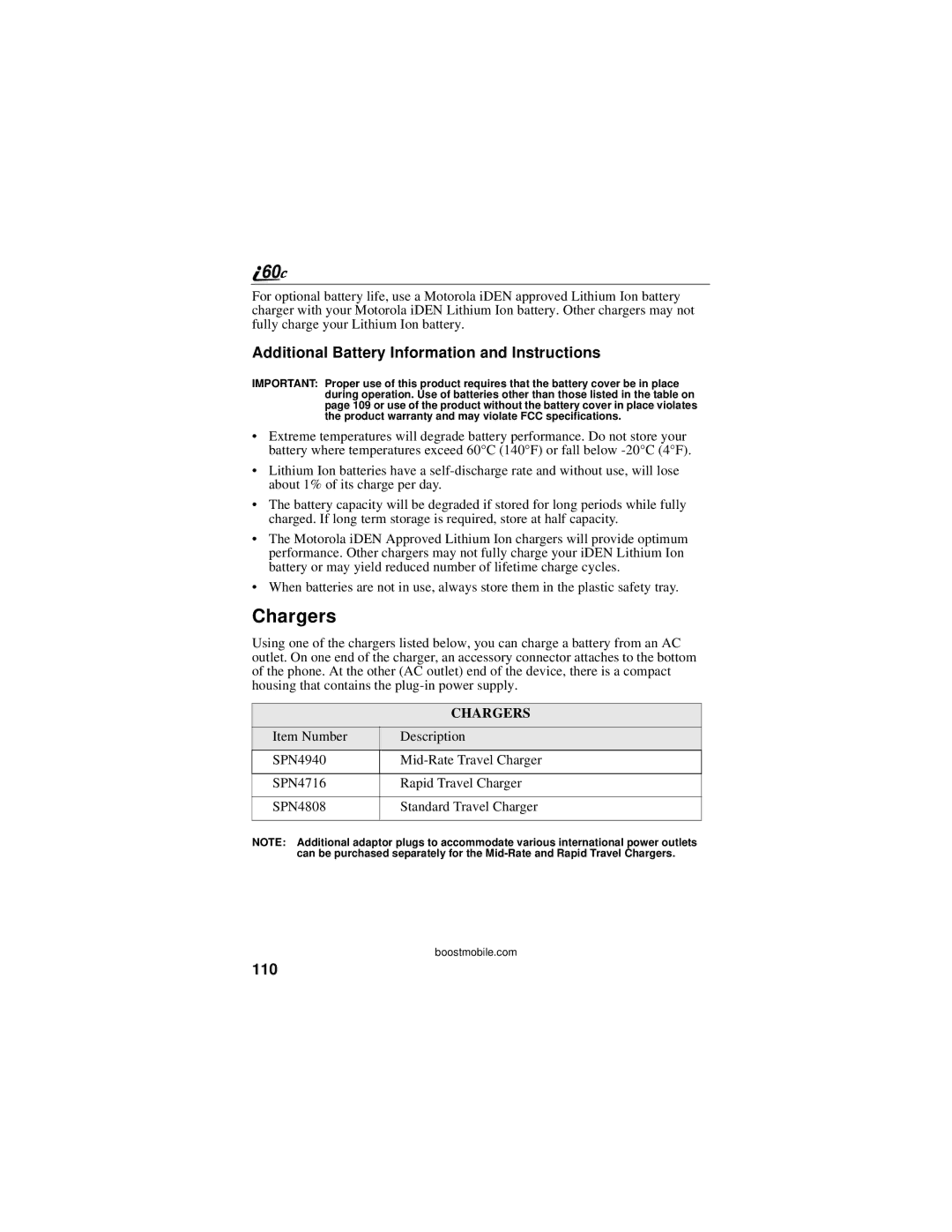 Motorola i60c manual Chargers, Additional Battery Information and Instructions, 110 