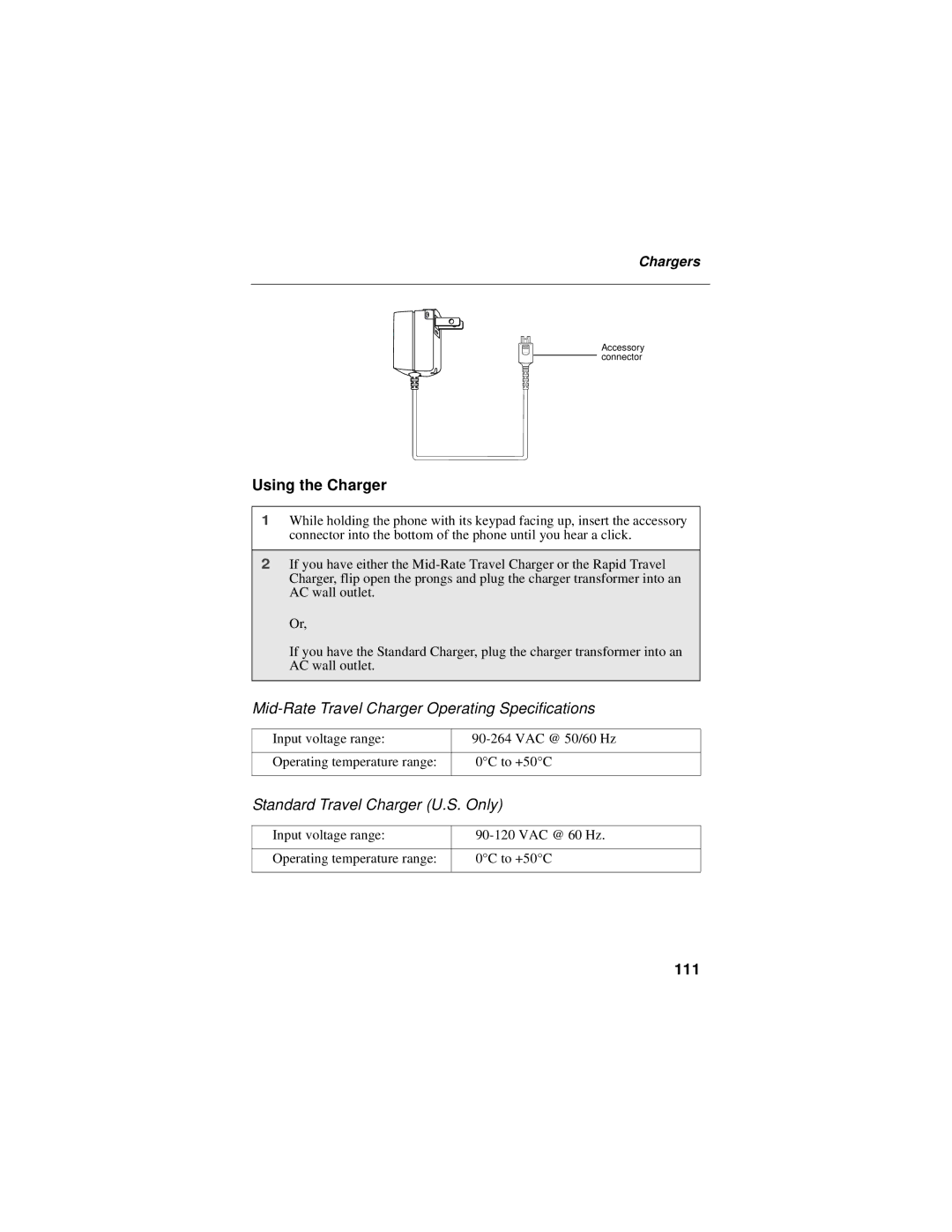 Motorola i60c Using the Charger, Mid-Rate Travel Charger Operating Specifications, Standard Travel Charger U.S. Only, 111 