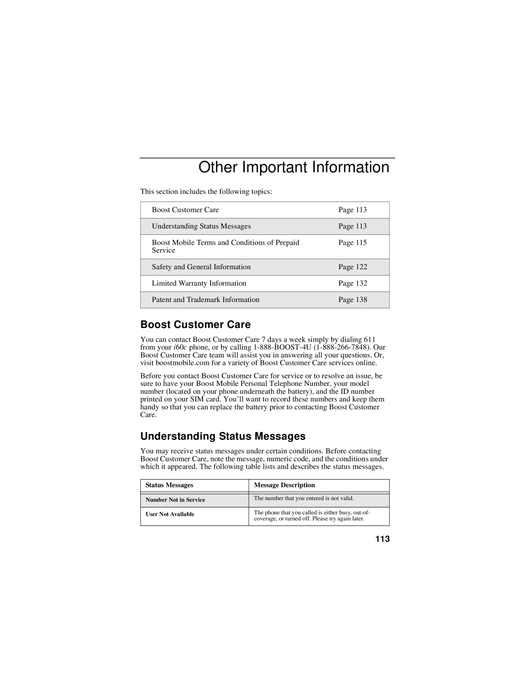 Motorola i60c manual Other Important Information, Understanding Status Messages, 113 