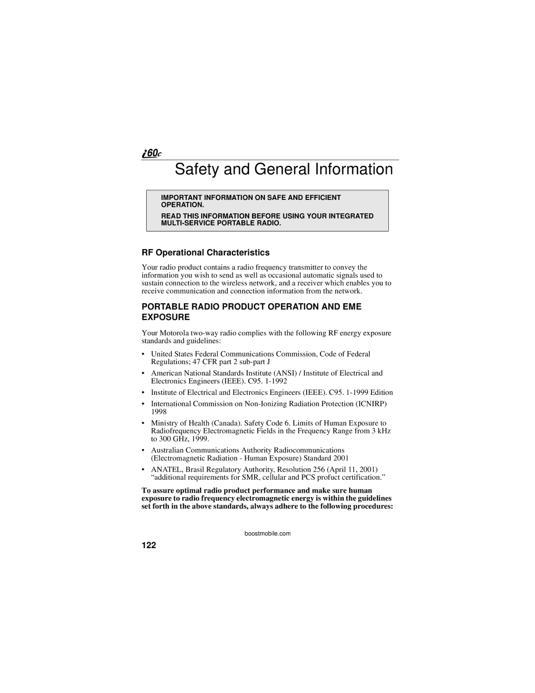 Motorola i60c manual Safety and General Information, RF Operational Characteristics, 122 