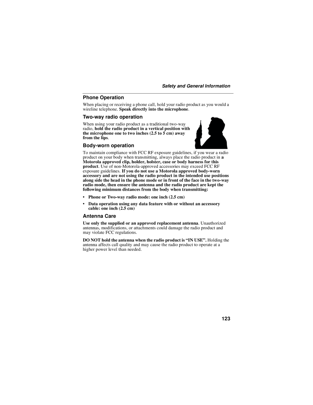 Motorola i60c manual Phone Operation, Two-way radio operation, Body-worn operation, Antenna Care, 123 