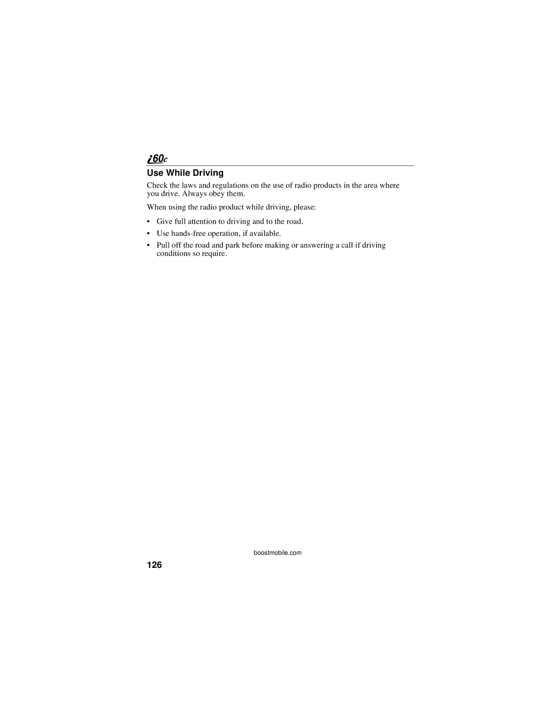 Motorola i60c manual Use While Driving, 126 