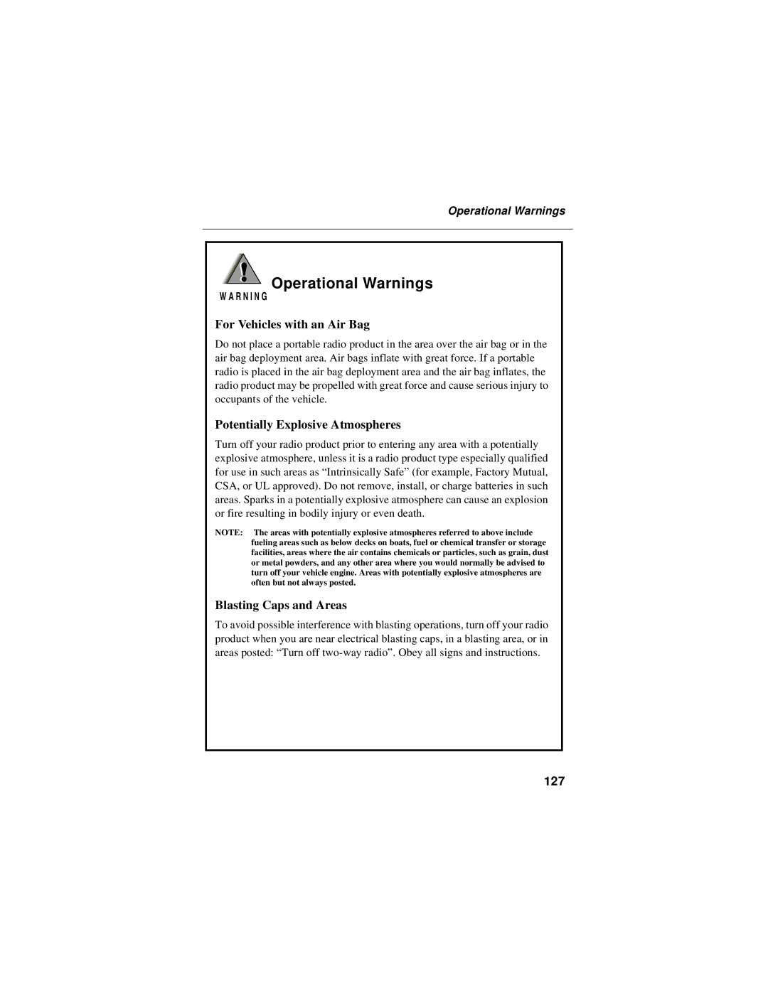 Motorola i60c manual Operational Warnings, 127 