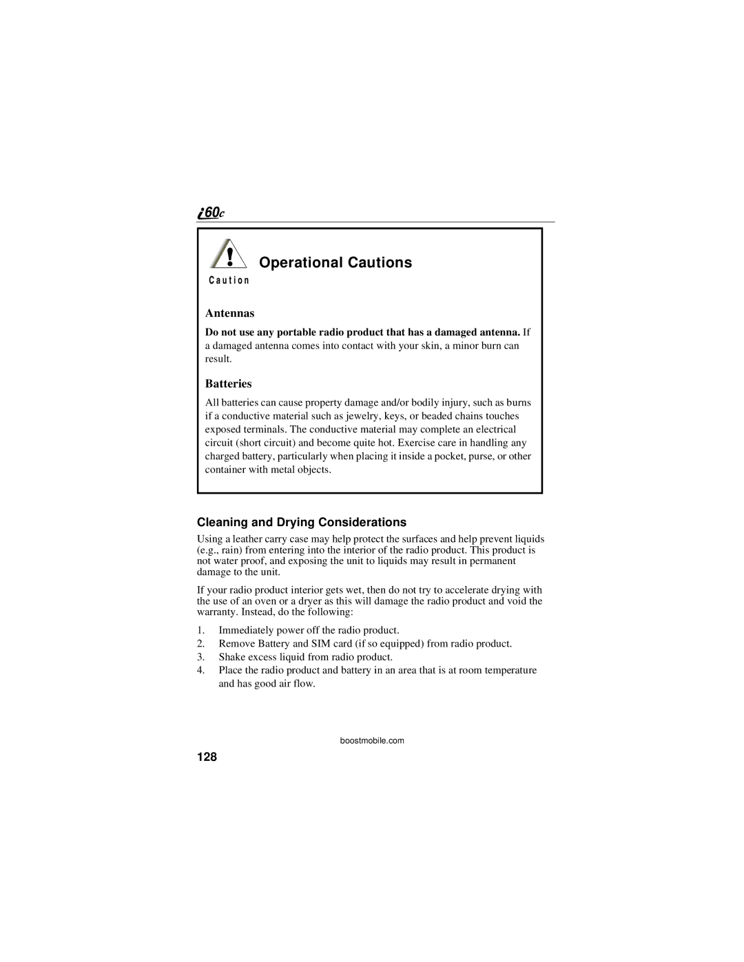 Motorola i60c manual Operational Cautions, Cleaning and Drying Considerations, 128 