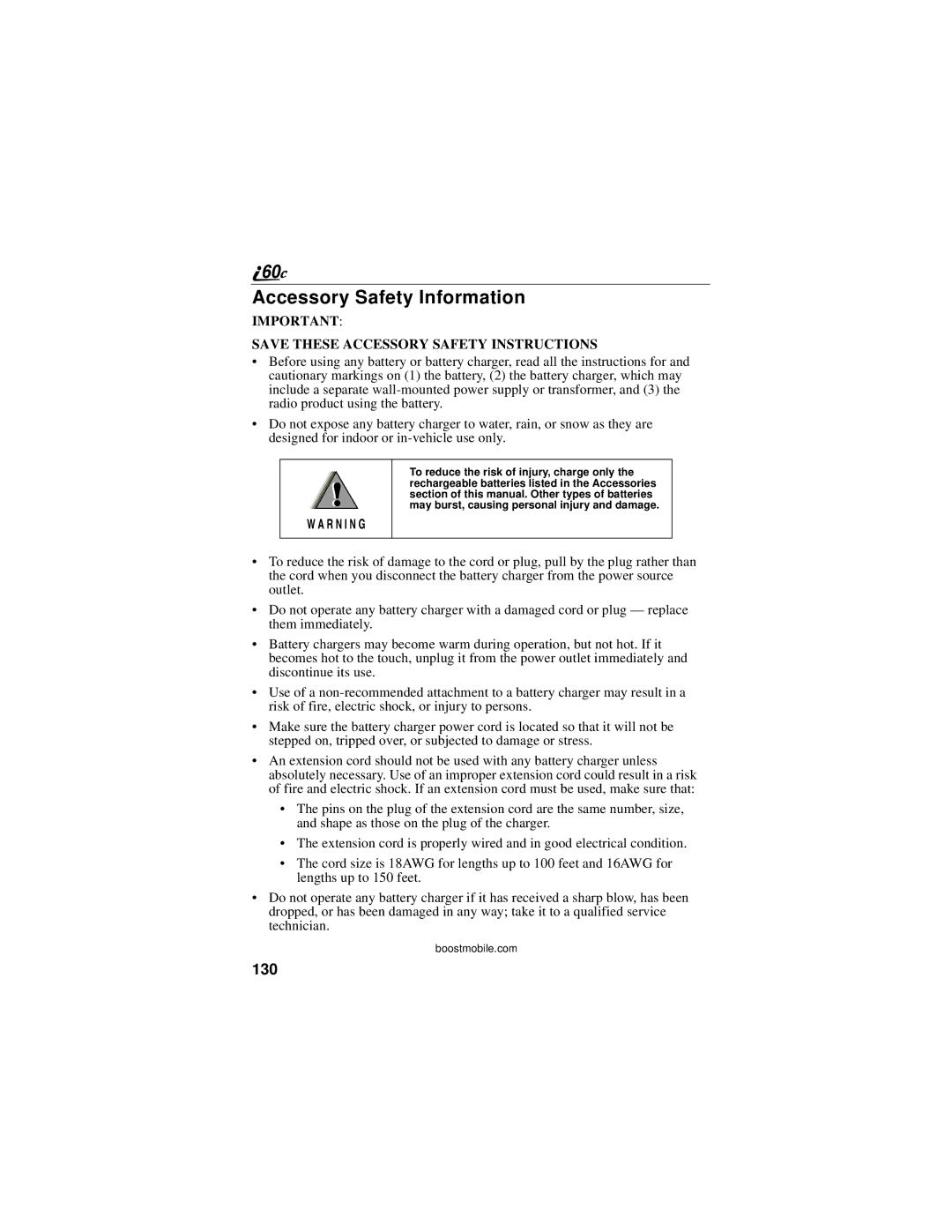 Motorola i60c manual Accessory Safety Information, 130 