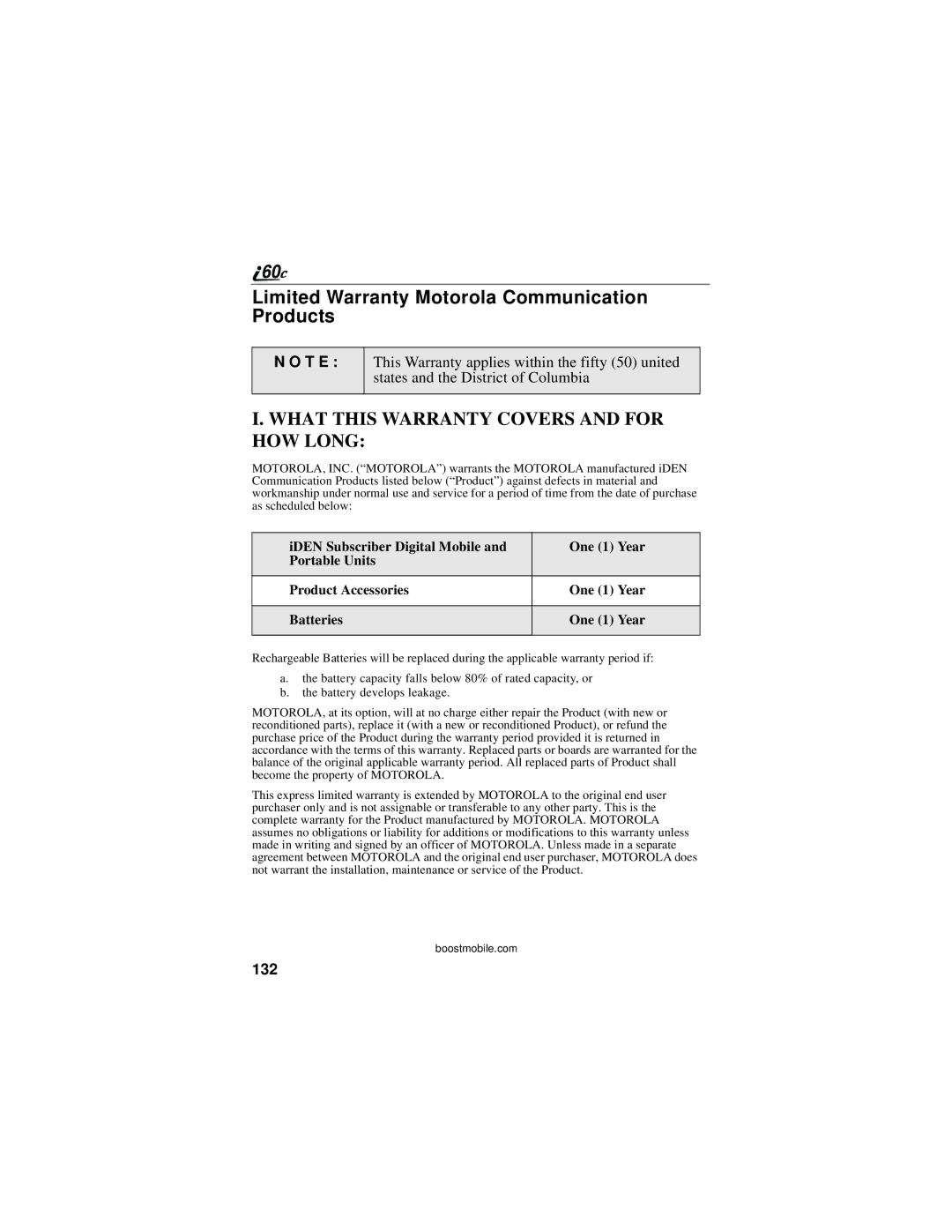 Motorola i60c manual Limited Warranty Motorola Communication Products, T E, 132 