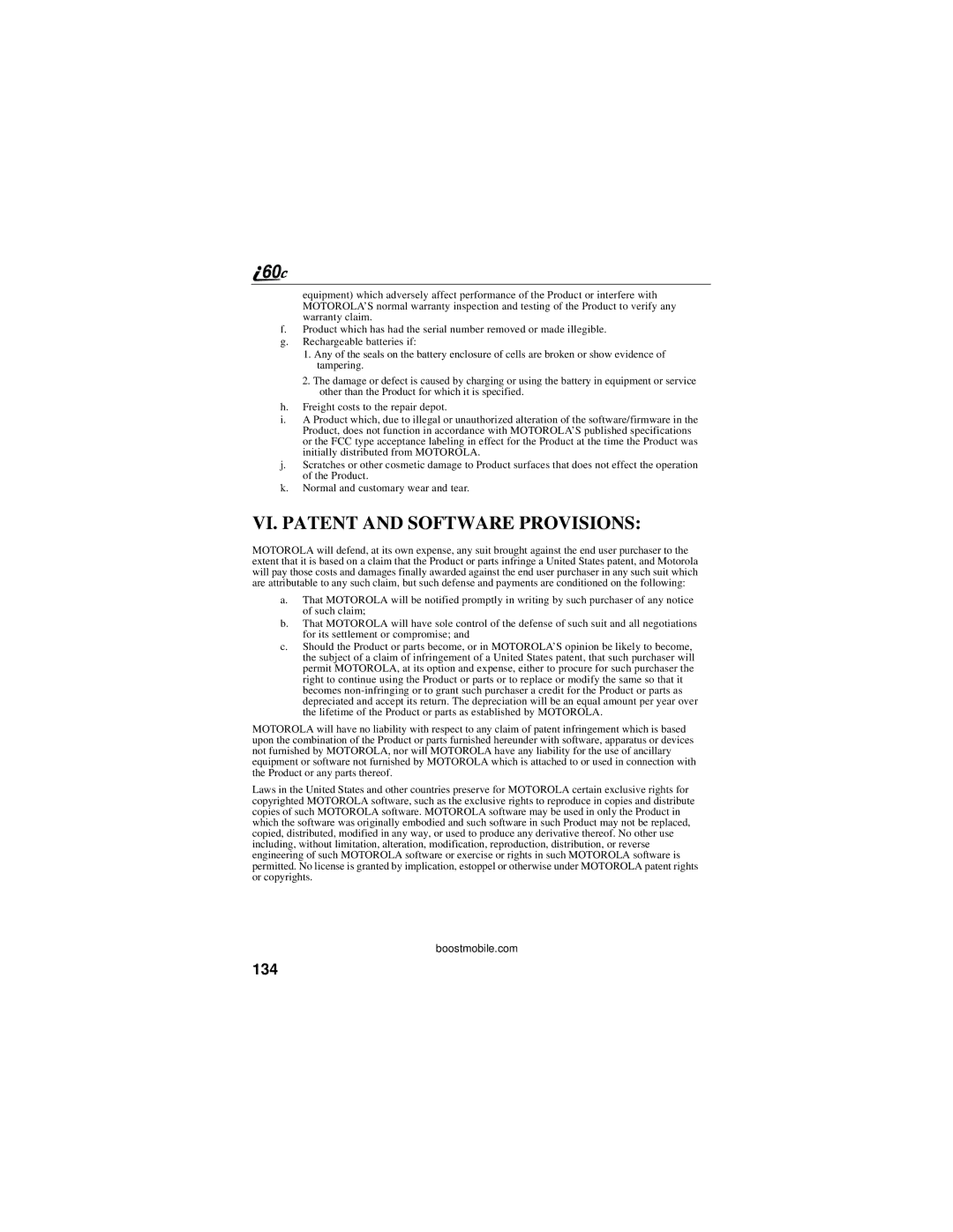 Motorola i60c manual VI. Patent and Software Provisions, 134 