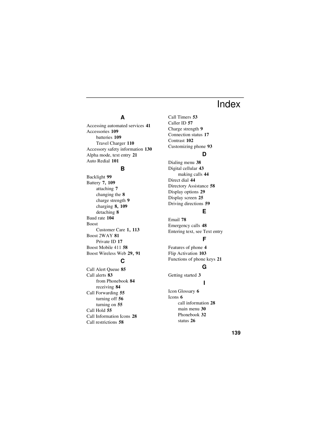 Motorola i60c manual Index, 139 