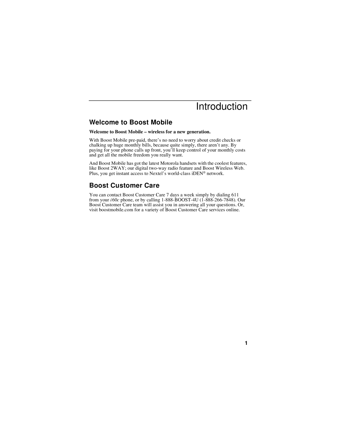 Motorola i60c manual Introduction, Welcome to Boost Mobile, Boost Customer Care 