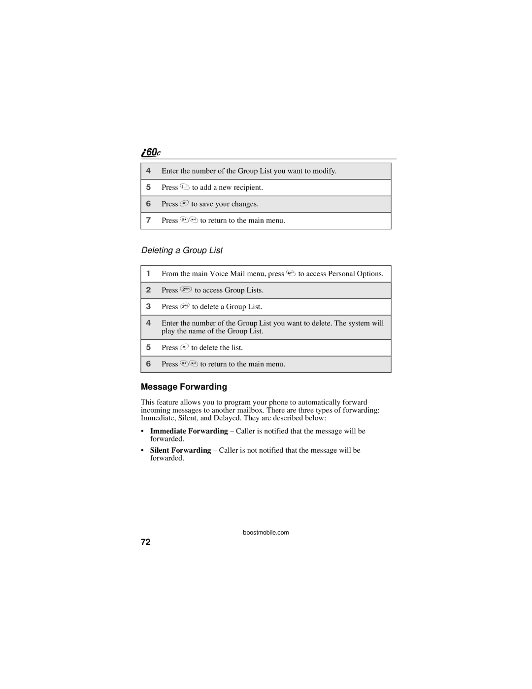 Motorola i60c manual Deleting a Group List, Message Forwarding 