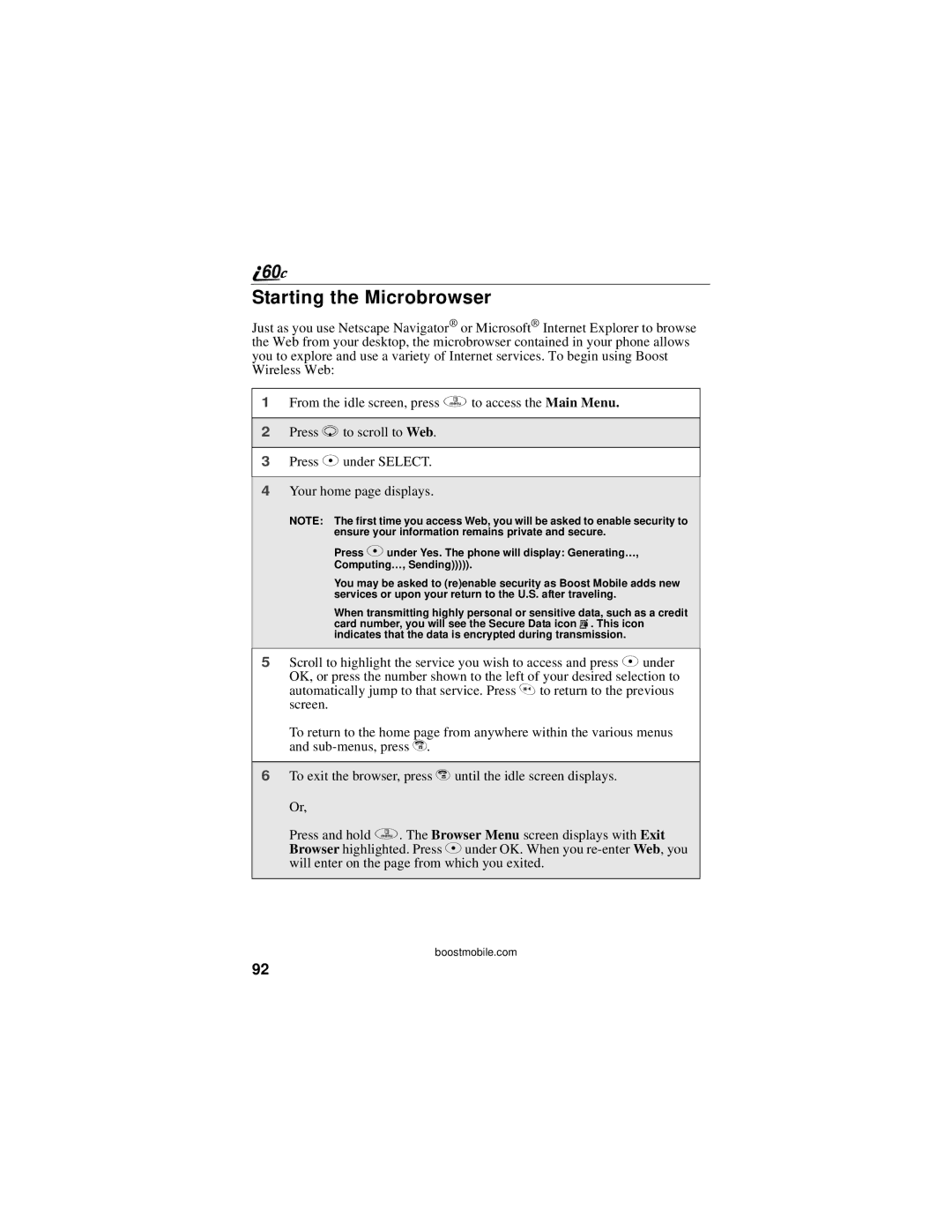 Motorola i60c manual Starting the Microbrowser 