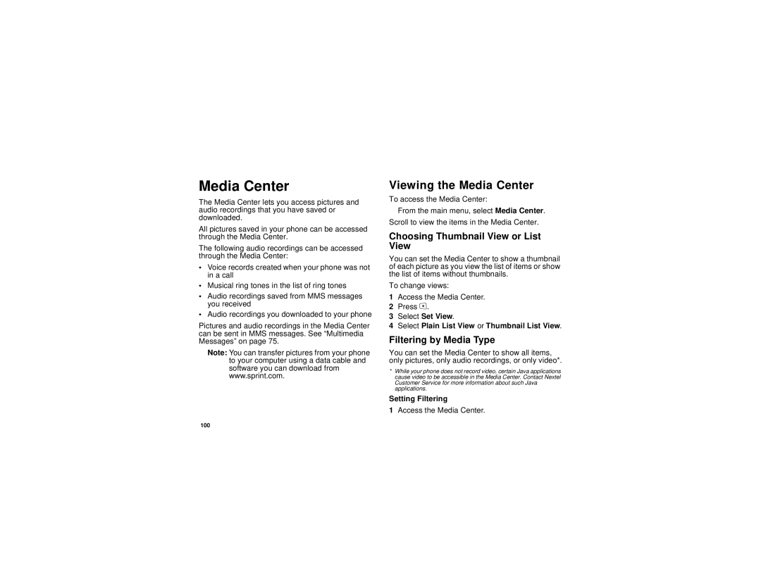 Motorola i615 manual Viewing the Media Center, Choosing Thumbnail View or List View, Filtering by Media Type 