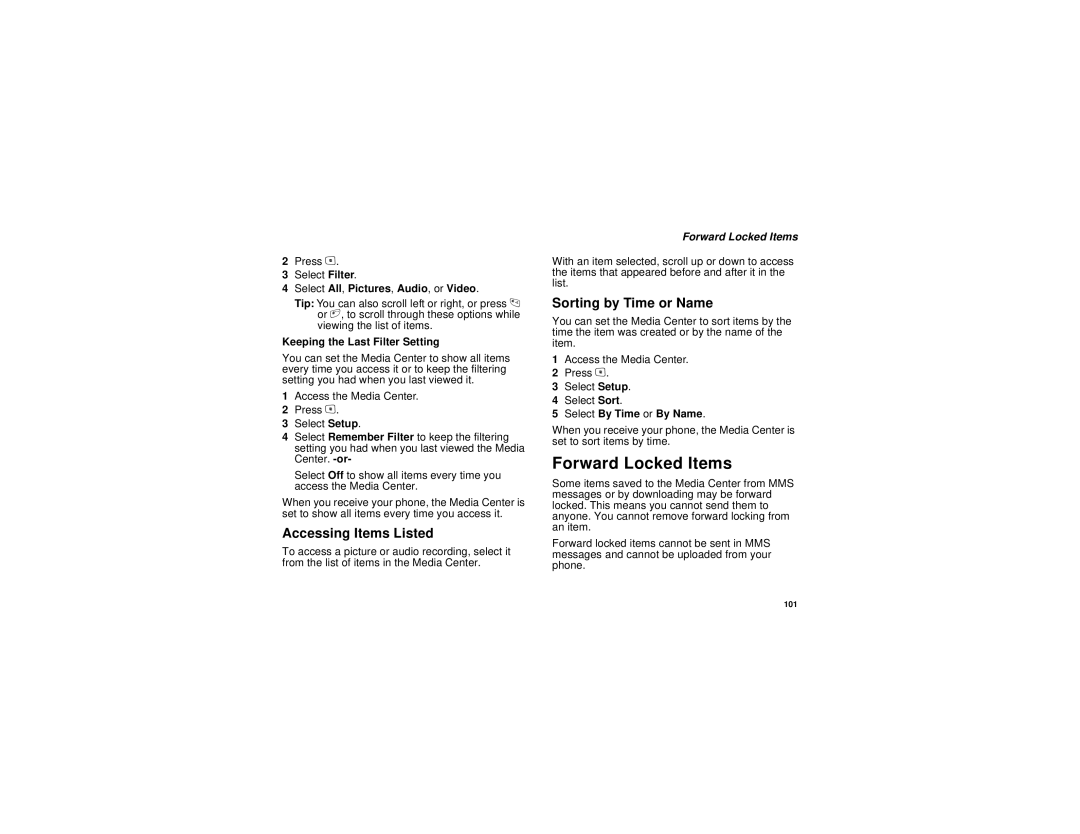 Motorola i615 manual Forward Locked Items, Accessing Items Listed, Sorting by Time or Name 