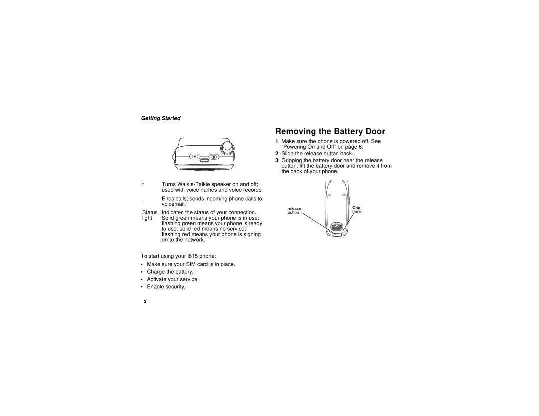 Motorola i615 manual Removing the Battery Door, Getting Started 