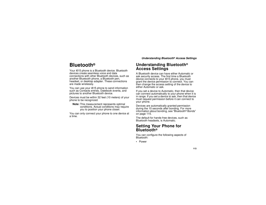 Motorola i615 manual Understanding Bluetooth Access Settings, Setting Your Phone for Bluetooth 