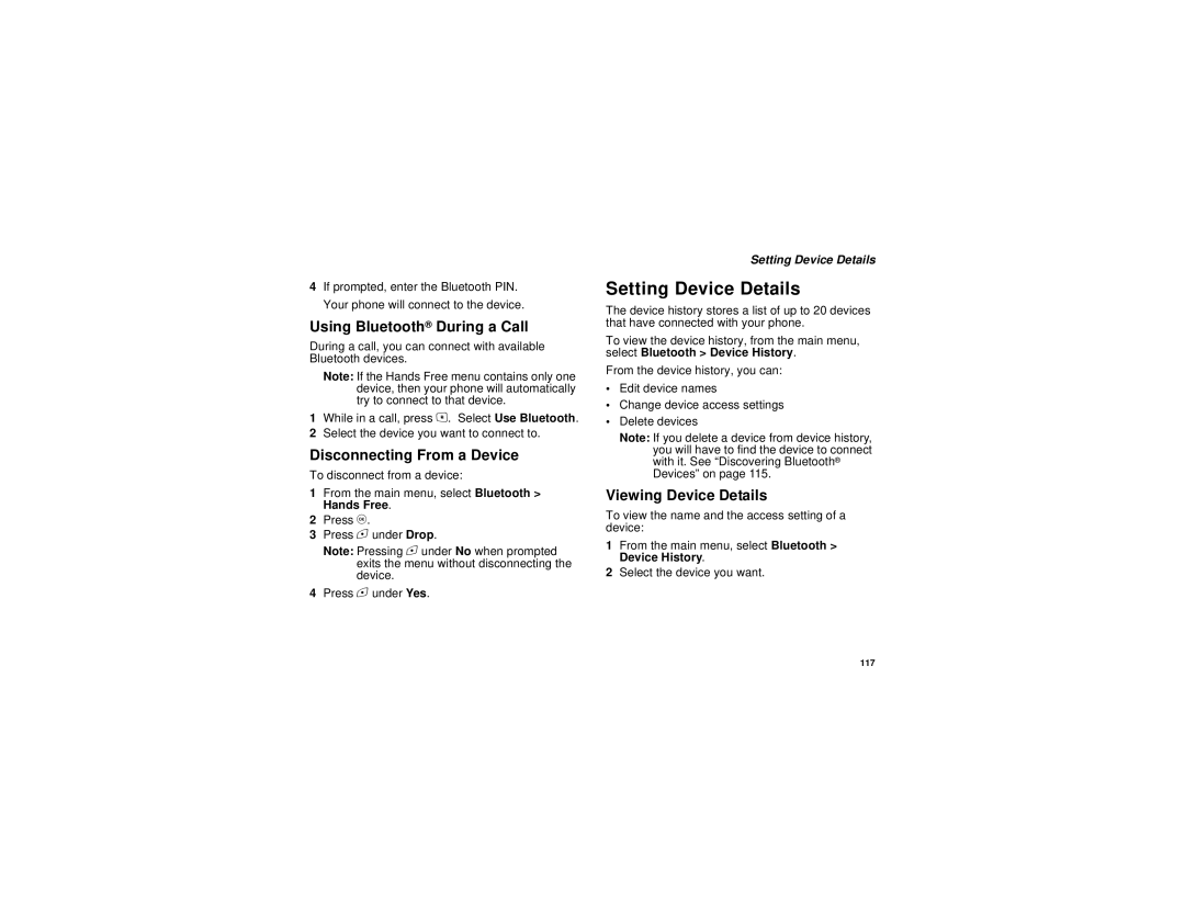 Motorola i615 Setting Device Details, Using Bluetooth During a Call, Disconnecting From a Device, Viewing Device Details 