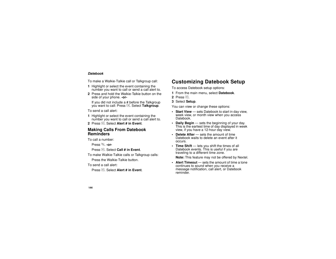 Motorola i615 manual Customizing Datebook Setup, Making Calls From Datebook Reminders 