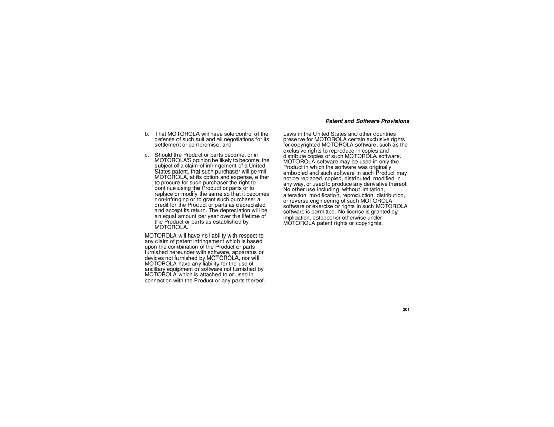 Motorola i615 manual Motorola, Patent and Software Provisions 