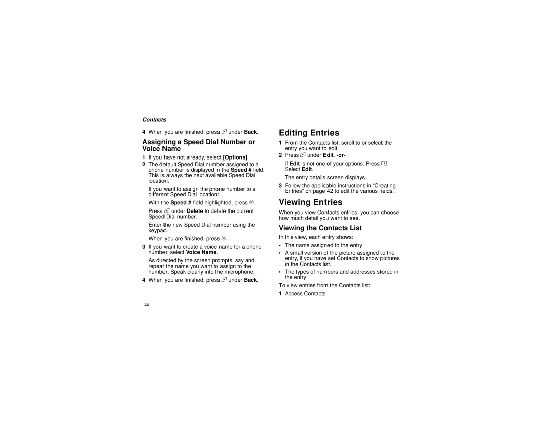 Motorola i615 Editing Entries, Viewing Entries, Assigning a Speed Dial Number or Voice Name, Viewing the Contacts List 