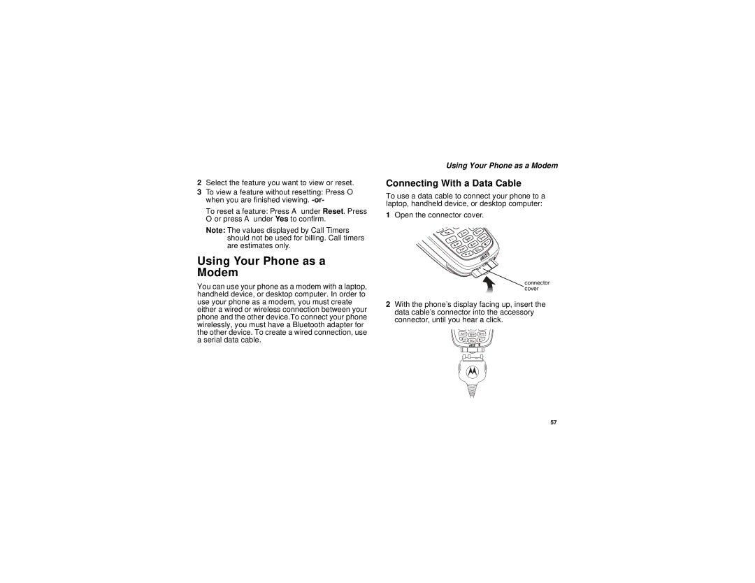 Motorola i615 manual Using Your Phone as a Modem, Connecting With a Data Cable 