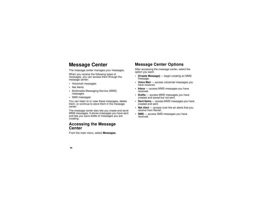 Motorola i615 manual Accessing the Message Center, Message Center Options 