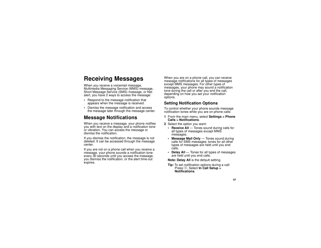 Motorola i615 manual Receiving Messages, Message Notifications, Setting Notification Options 