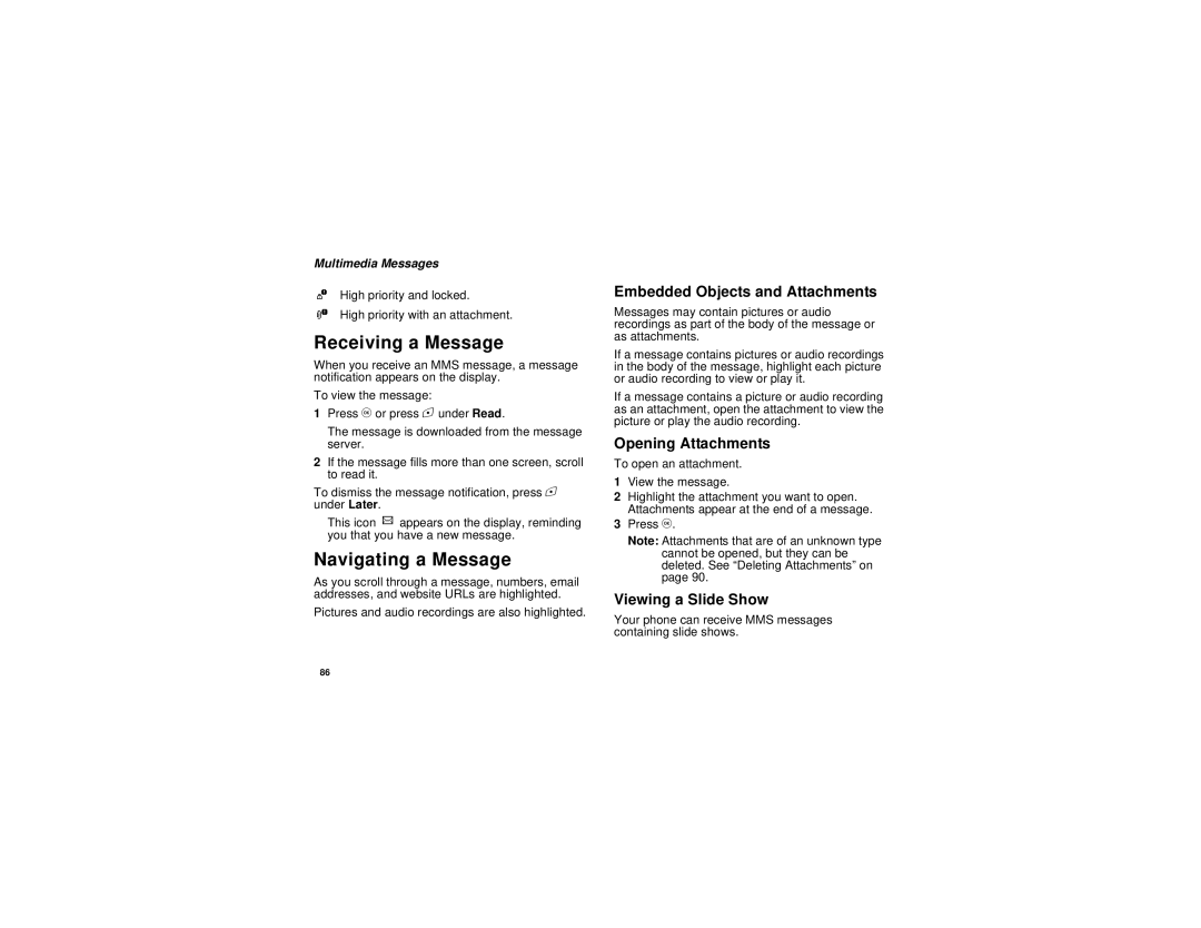 Motorola i615 manual Navigating a Message, Embedded Objects and Attachments, Opening Attachments, Viewing a Slide Show 