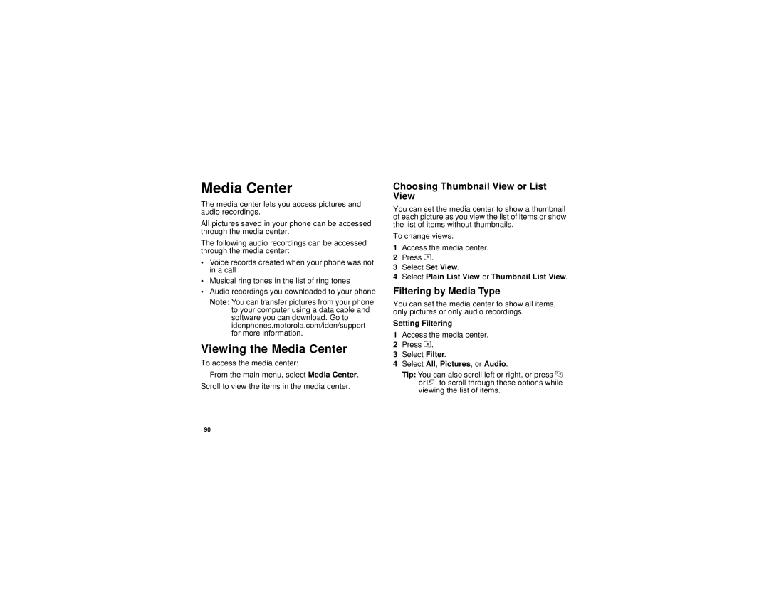 Motorola i615 manual Viewing the Media Center, Choosing Thumbnail View or List View, Filtering by Media Type 