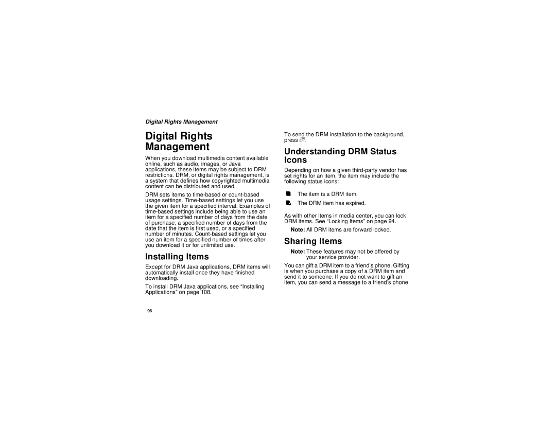 Motorola i615 manual Digital Rights Management, Installing Items, Understanding DRM Status Icons, Sharing Items 