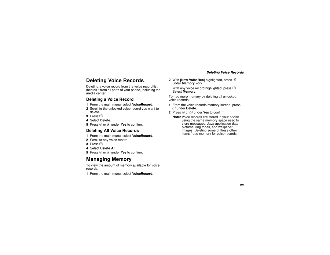 Motorola i615 manual Deleting Voice Records, Deleting a Voice Record, Deleting All Voice Records 