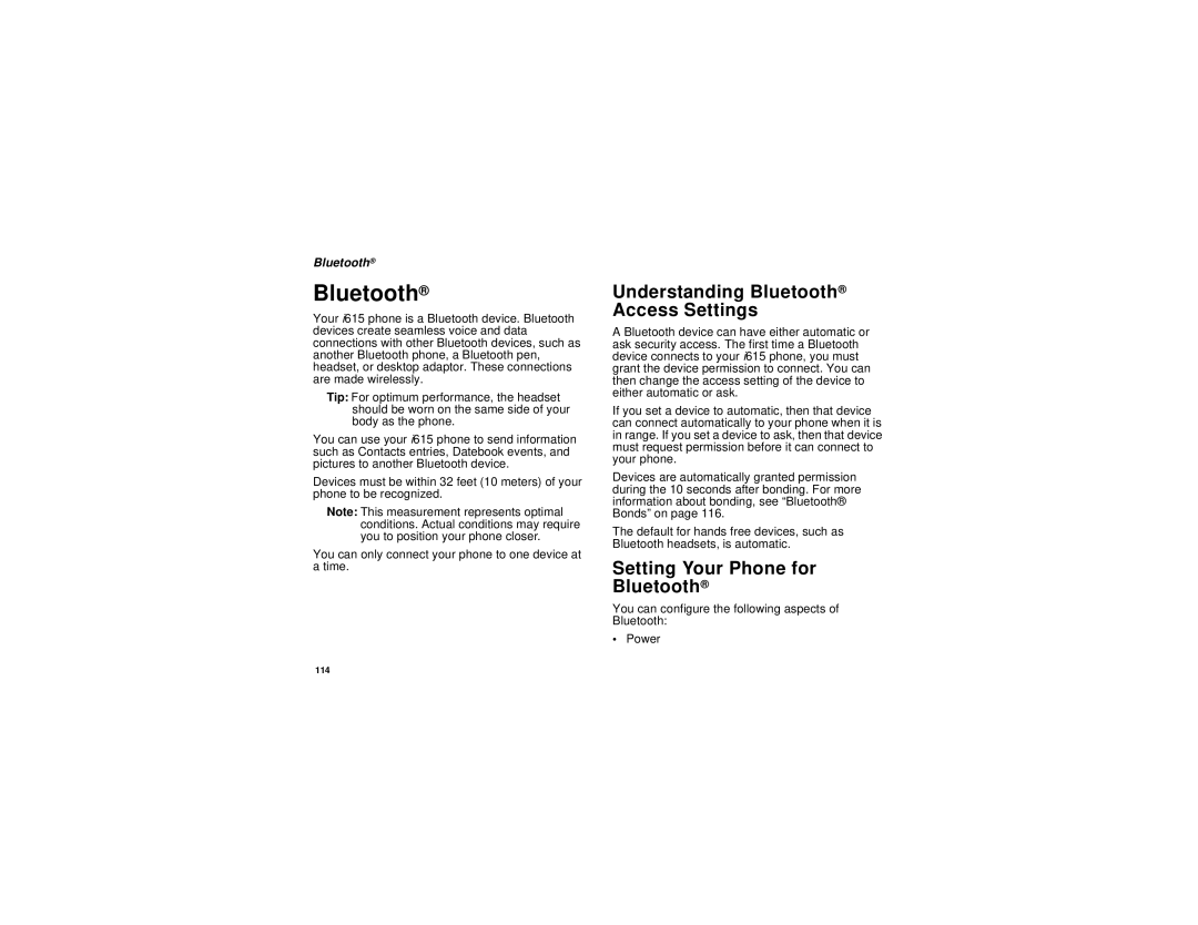 Motorola i615 manual Understanding Bluetooth Access Settings, Setting Your Phone for Bluetooth 