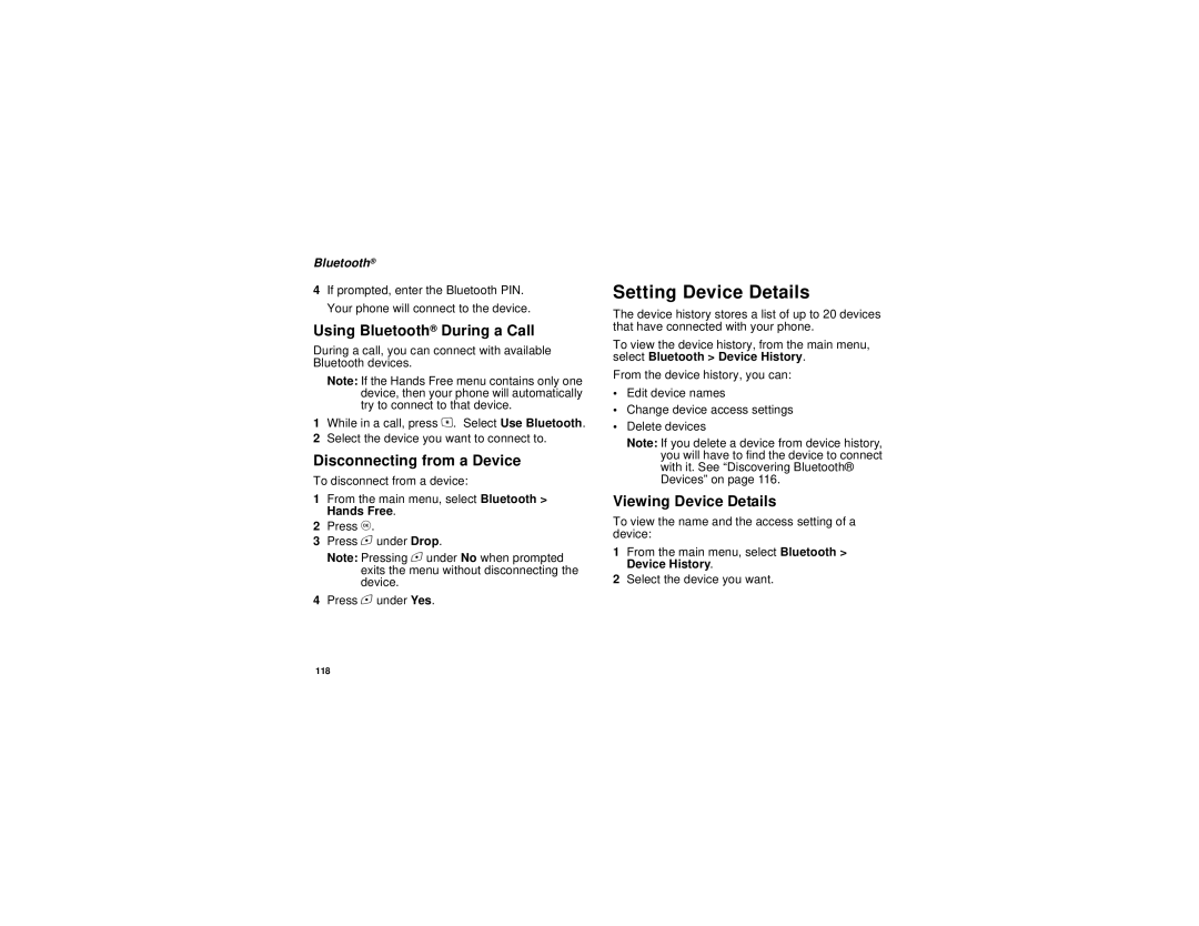 Motorola i615 Setting Device Details, Using Bluetooth During a Call, Disconnecting from a Device, Viewing Device Details 