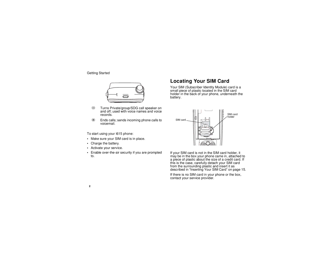 Motorola i615 manual Locating Your SIM Card, Getting Started 