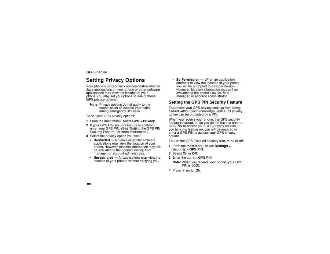 Motorola i615 manual Setting Privacy Options, Setting the GPS PIN Security Feature 