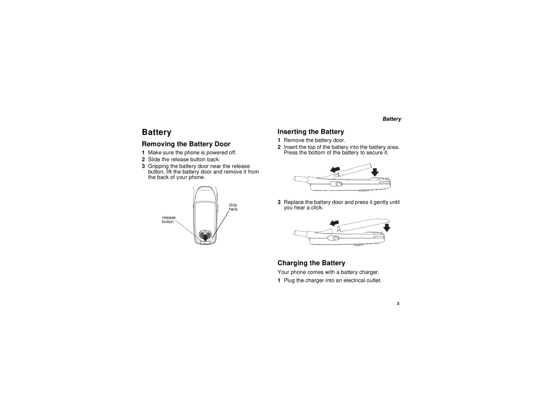 Motorola i615 manual Removing the Battery Door, Inserting the Battery, Charging the Battery 