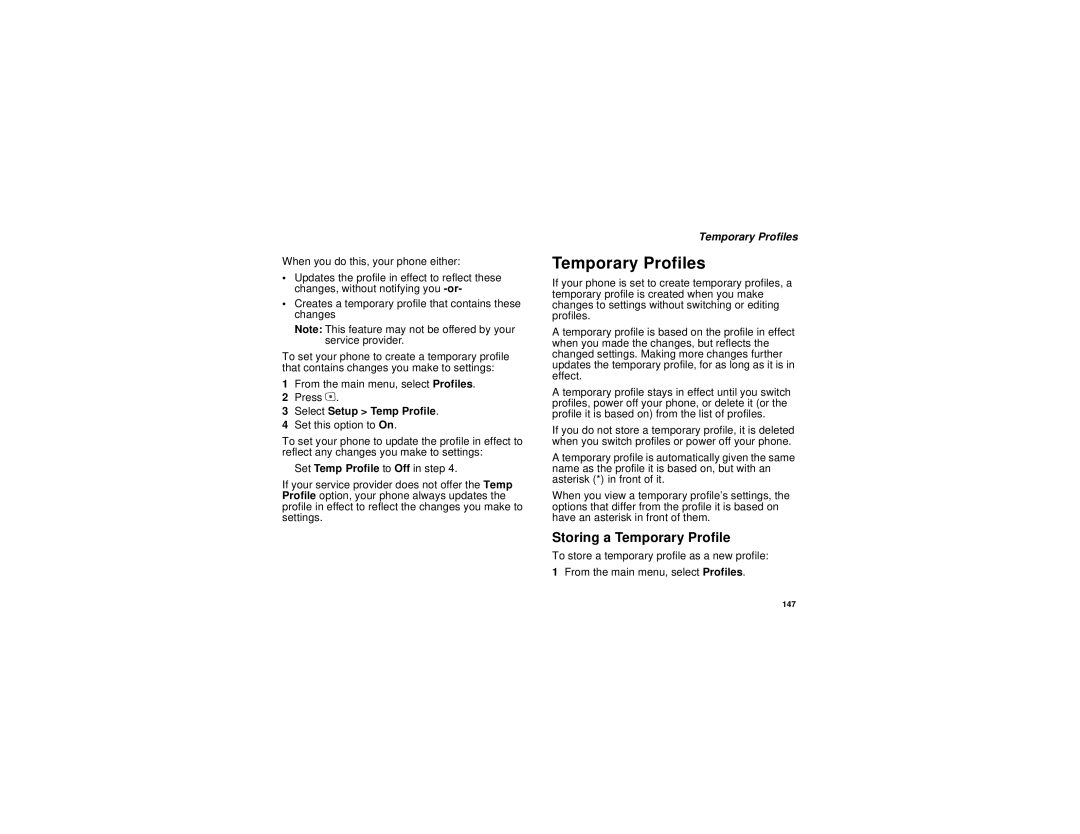 Motorola i615 manual Temporary Profiles, Storing a Temporary Profile, Select Setup Temp Profile 