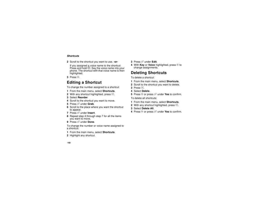 Motorola i615 manual Editing a Shortcut, Deleting Shortcuts 
