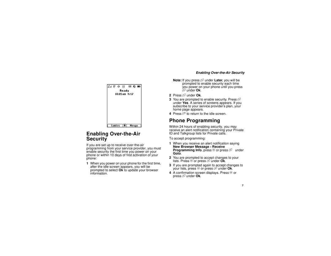 Motorola i615 manual Enabling Over-the-Air Security, Phone Programming, New Browser Message Receive 