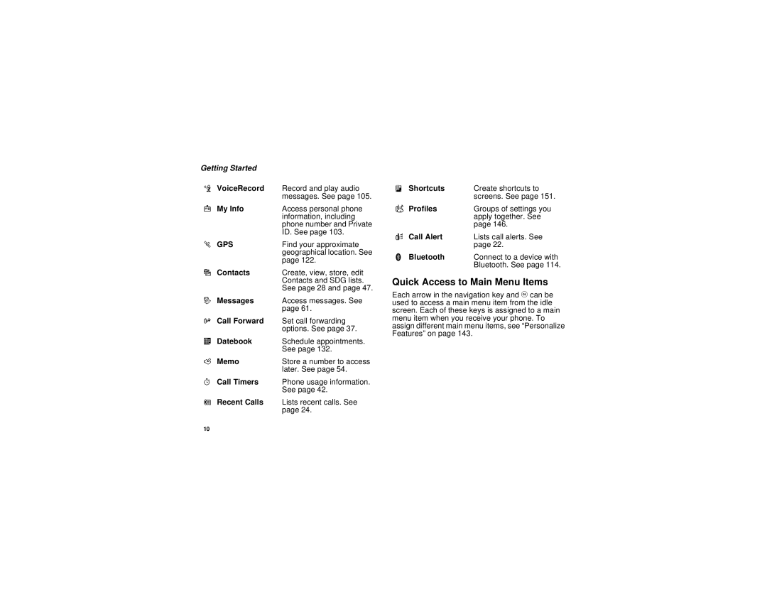 Motorola i615 manual Quick Access to Main Menu Items 