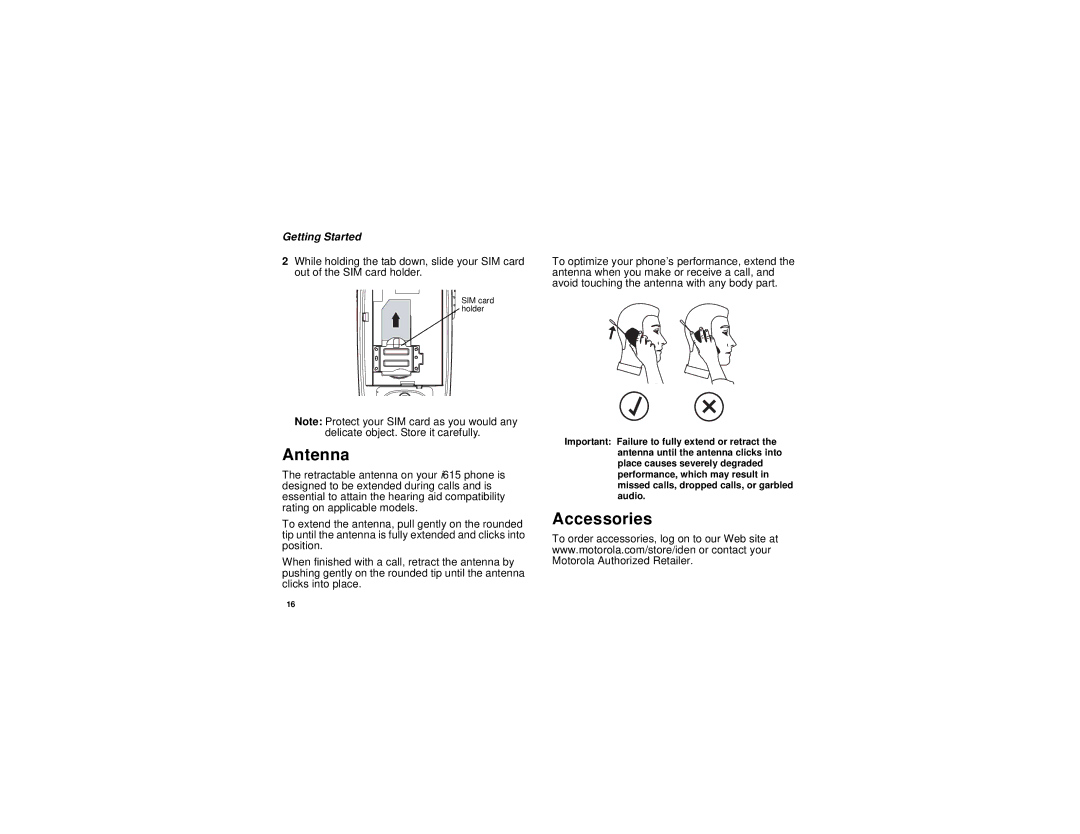 Motorola i615 manual Antenna, Accessories 