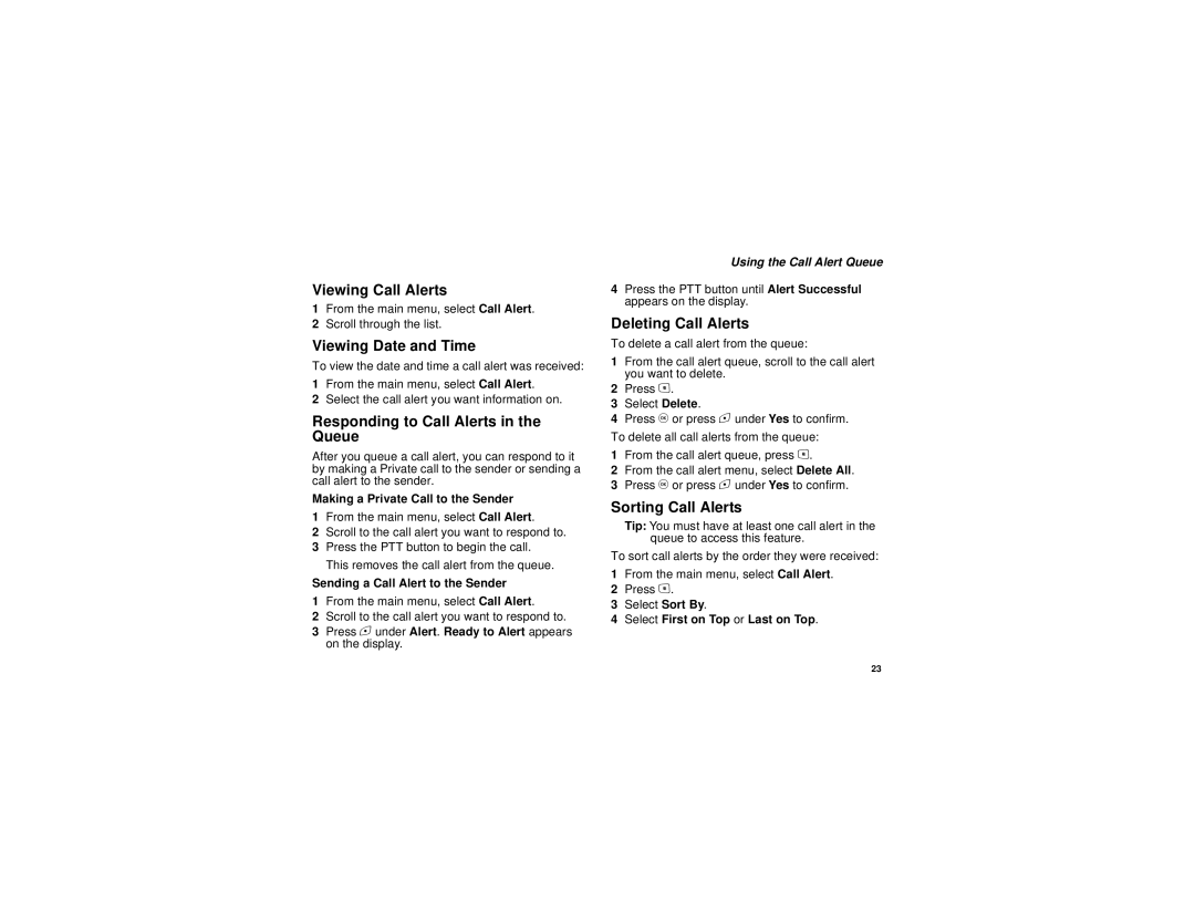 Motorola i615 Viewing Call Alerts, Viewing Date and Time, Responding to Call Alerts in the Queue, Deleting Call Alerts 