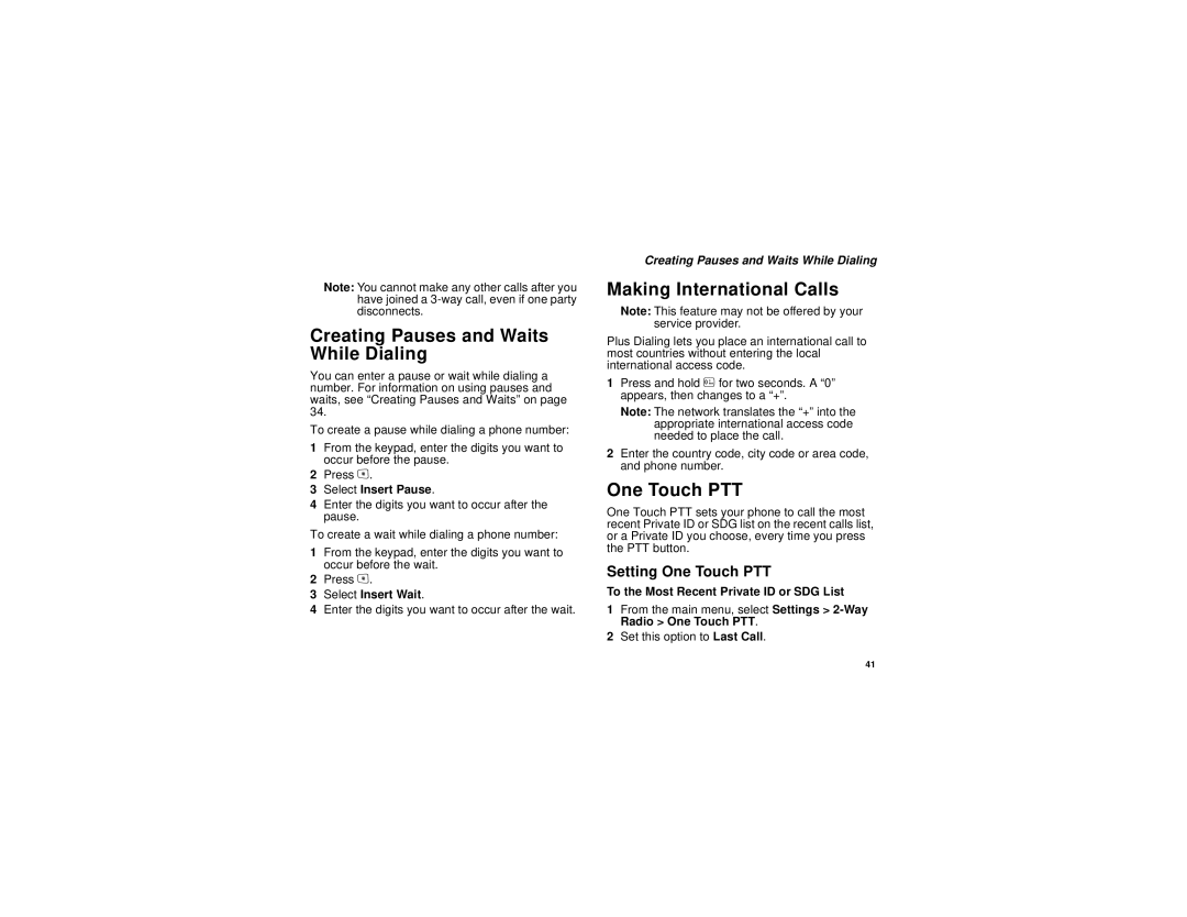 Motorola i615 manual Creating Pauses and Waits While Dialing, Making International Calls, Setting One Touch PTT 