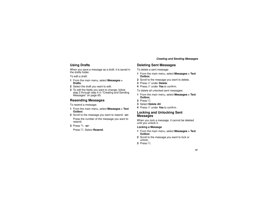 Motorola i615 manual Using Drafts, Resending Messages, Deleting Sent Messages, Locking and Unlocking Sent Messages 