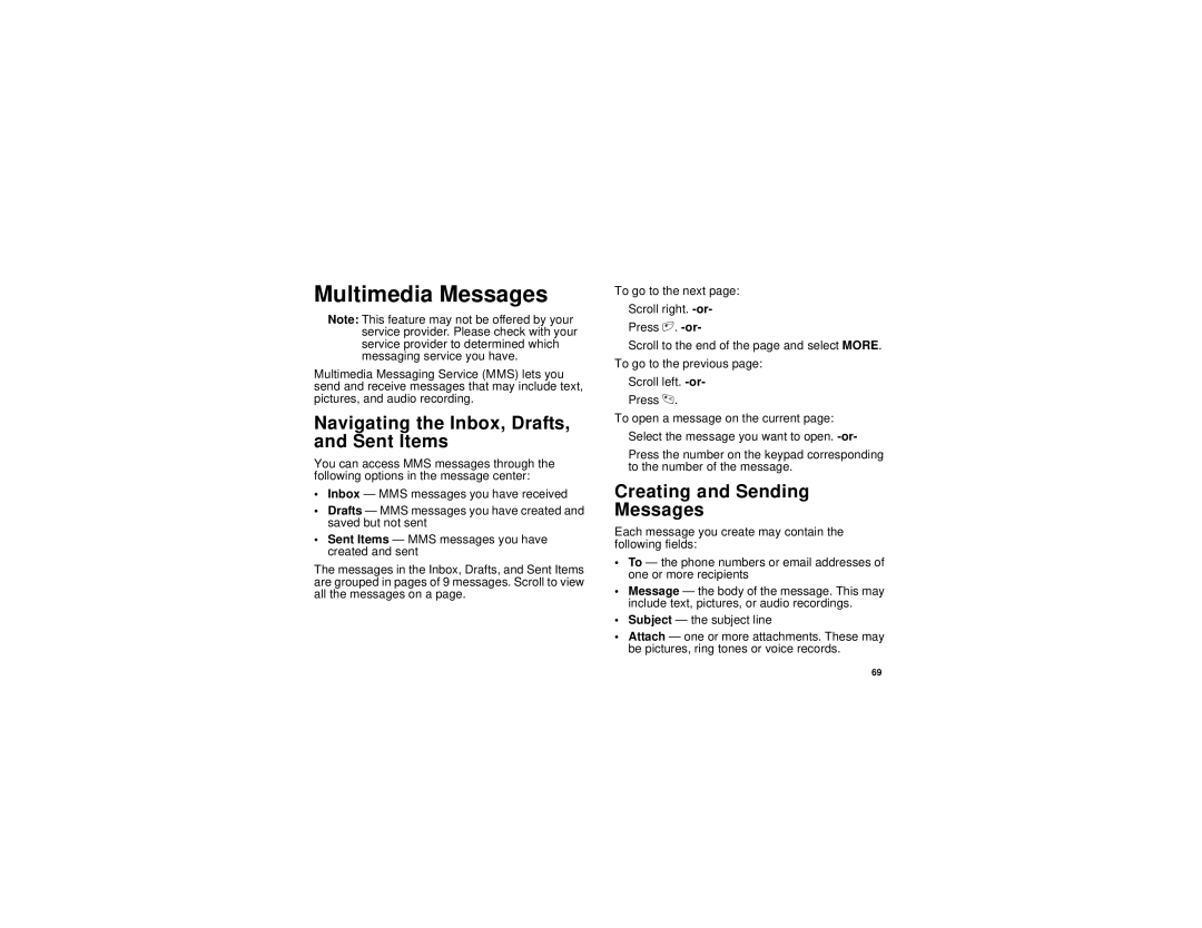 Motorola i615 manual Multimedia Messages, Navigating the Inbox, Drafts, and Sent Items 