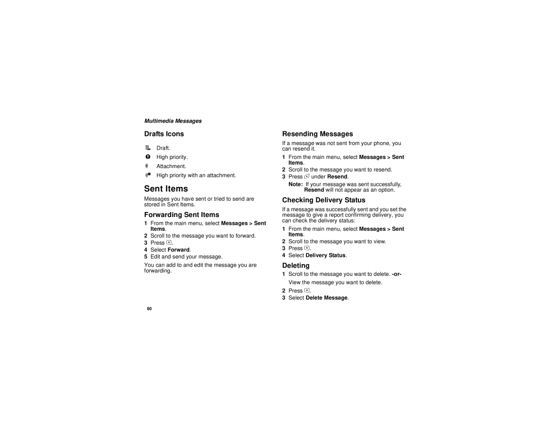 Motorola i615 manual Drafts Icons, Forwarding Sent Items, Checking Delivery Status, Deleting 