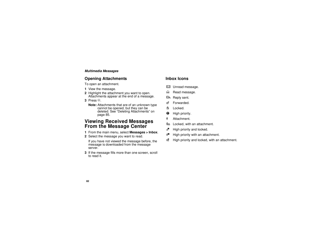Motorola i615 manual Viewing Received Messages From the Message Center, Opening Attachments, Inbox Icons 