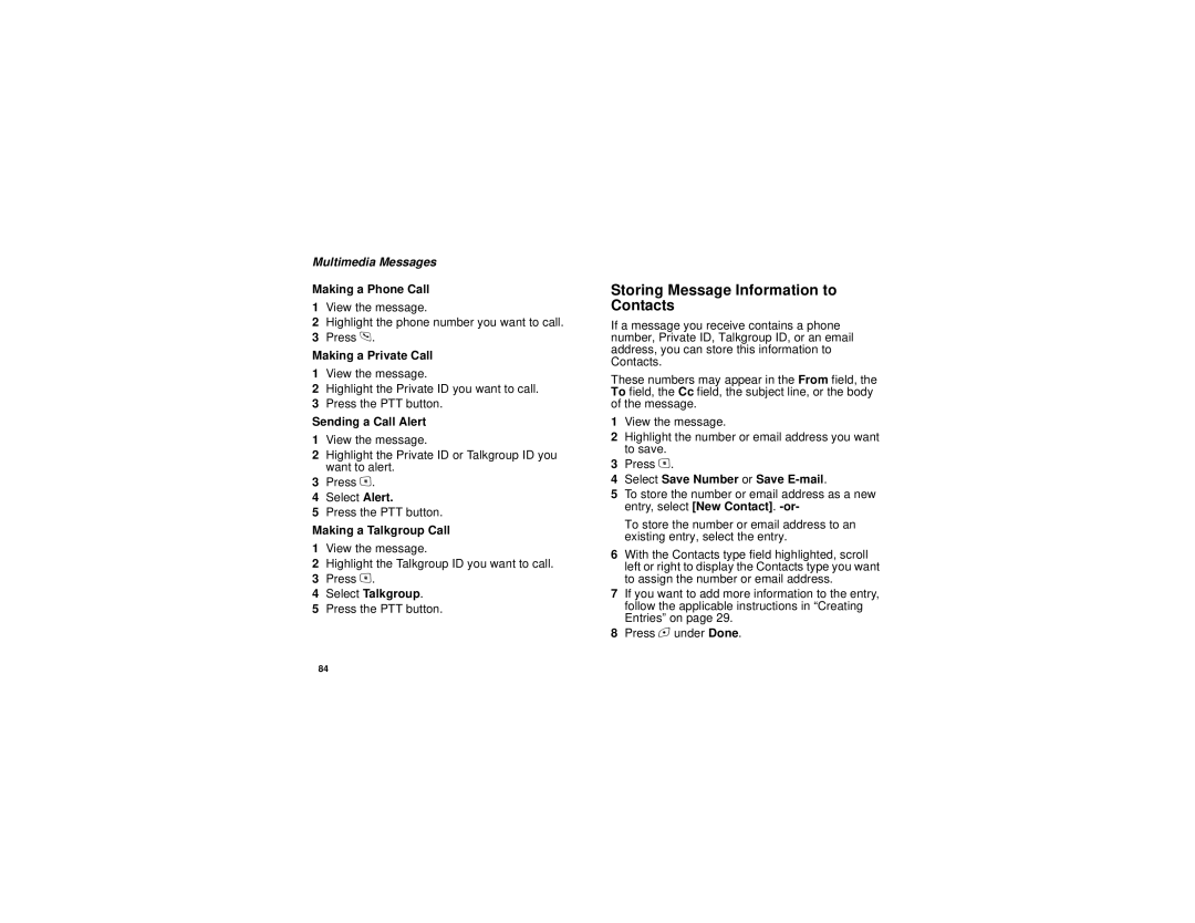 Motorola i615 manual Storing Message Information to Contacts 