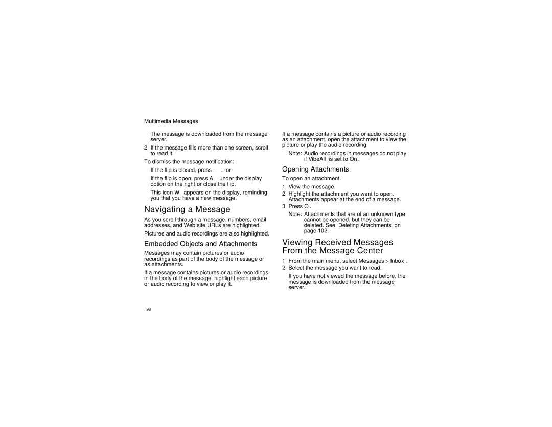 Motorola i670 Navigating a Message, Viewing Received Messages From the Message Center, Embedded Objects and Attachments 