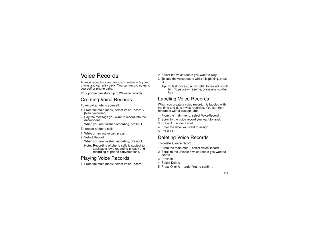 Motorola i670 manual Creating Voice Records, Playing Voice Records, Labeling Voice Records, Deleting Voice Records 