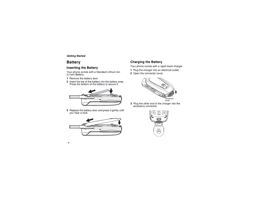 Motorola i670 manual Inserting the Battery, Charging the Battery 